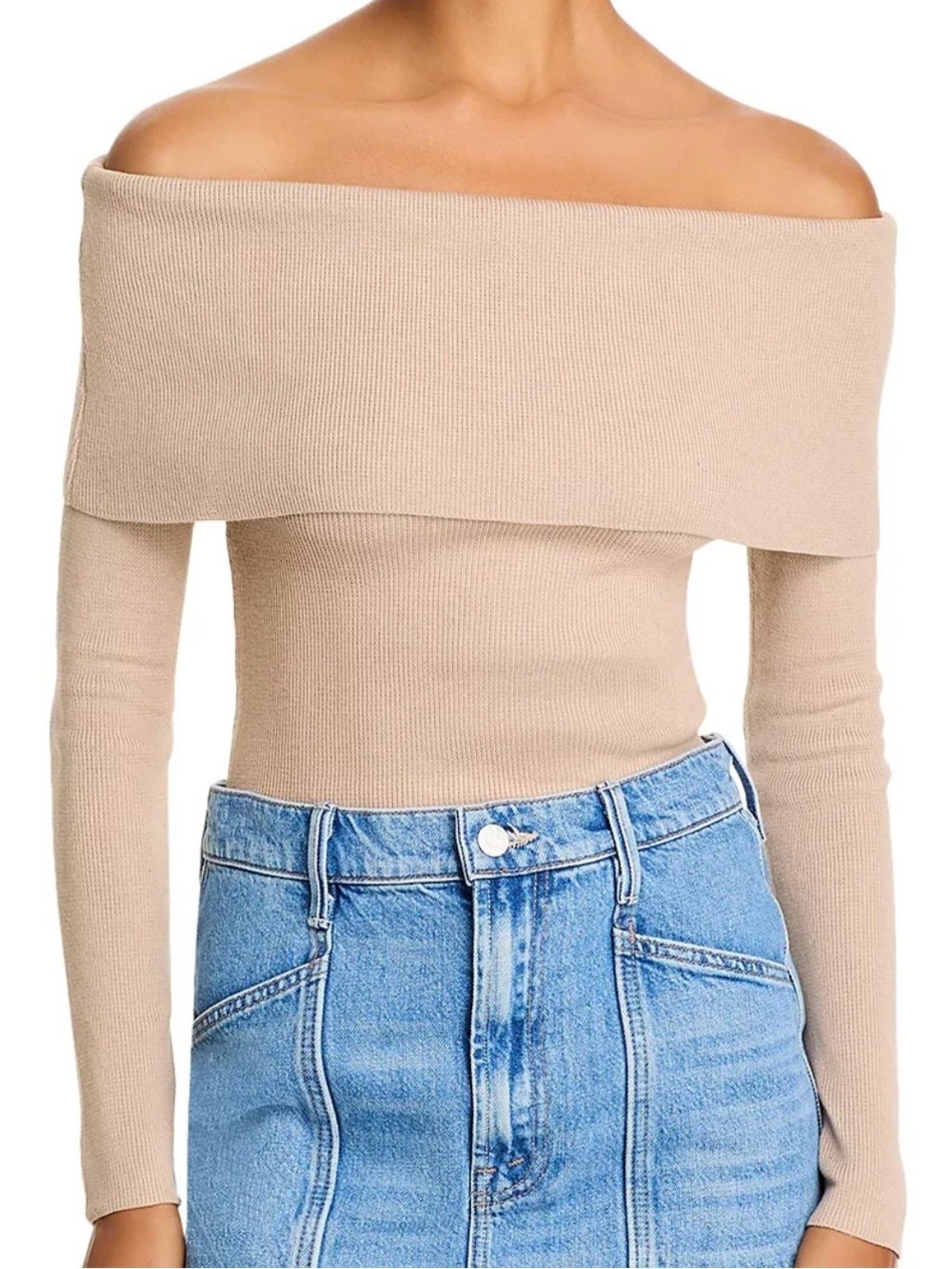 Vintage Havana Taupe Off-the-Shoulder Fold-Over Sweater
